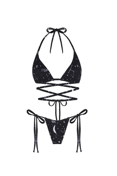 Space Babe Gezegen Ve Burç Baskılı Siyah Bikini Altı