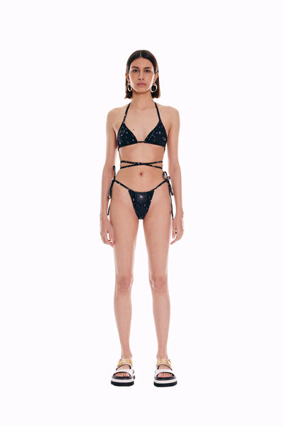 Space Babe Gezegen Ve Burç Baskılı İpli Siyah Bikini Üstü